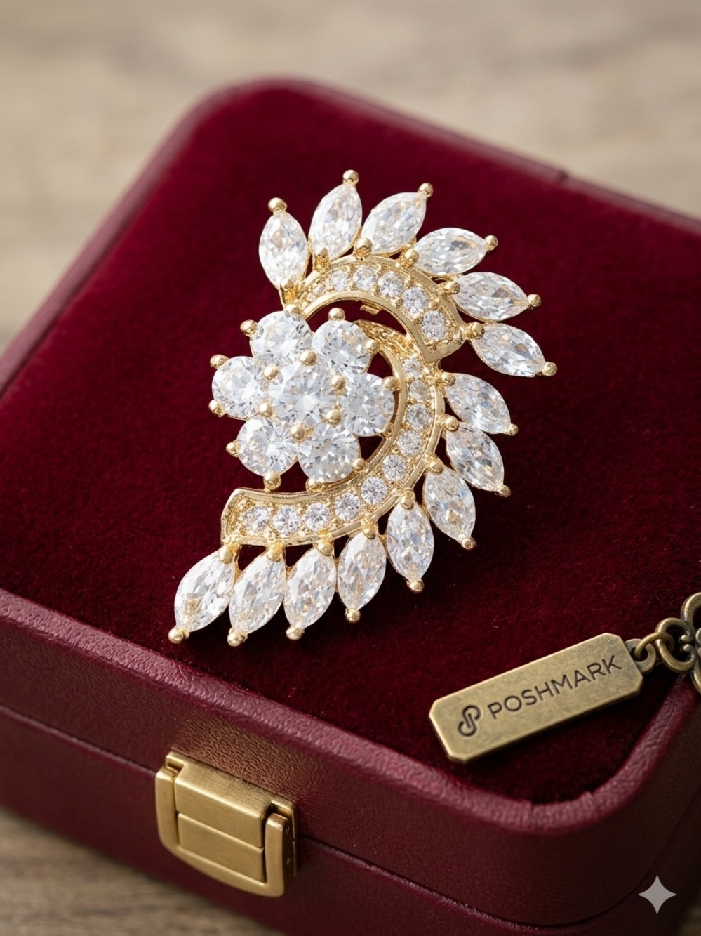 Gold-Tone White Crystal Floral Swirl Brooch - Women Jewelry